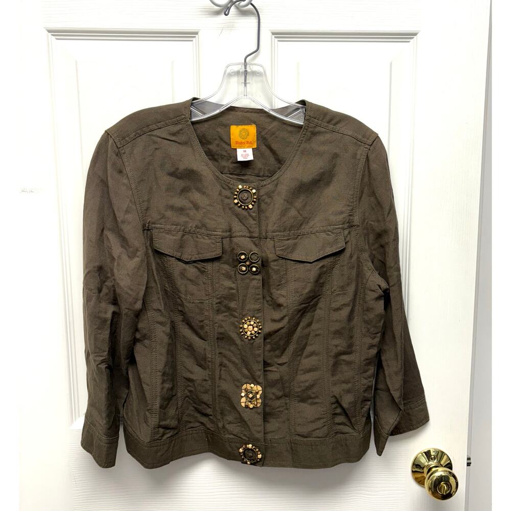 Ruby Rd Jacket, Brown Linen Blend Shirt Lightweight, Bead Snaps, Size 10 Layer